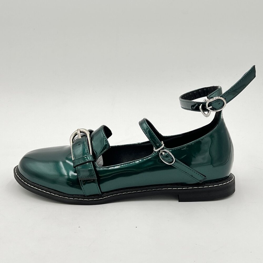 YDN Darkgreen Round Toe Loafers Ankle Strap Buckle Adjustable Low Heel Pumps.